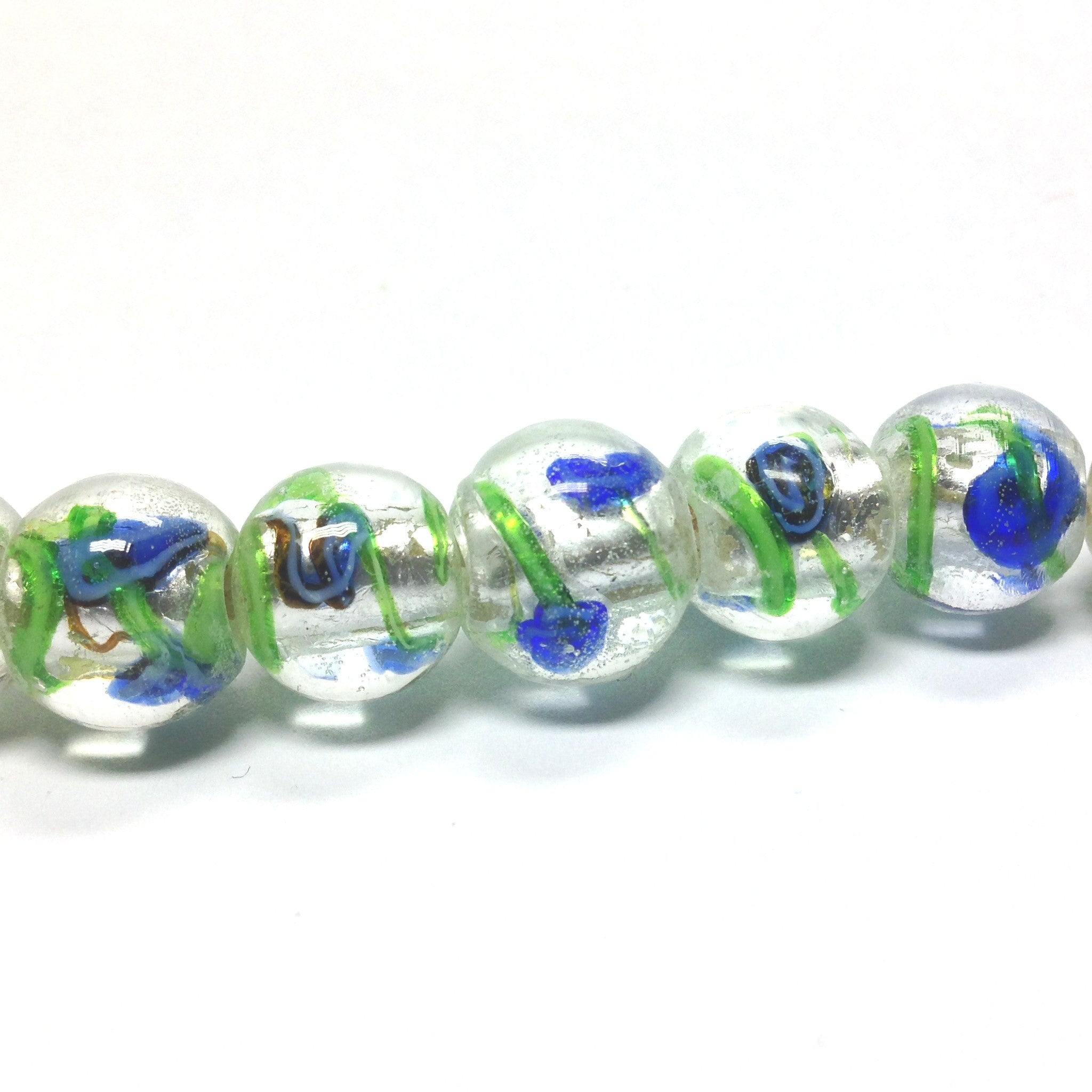 11MM Round Glass Silver Foil Lamp Beads 16" (1 strand)