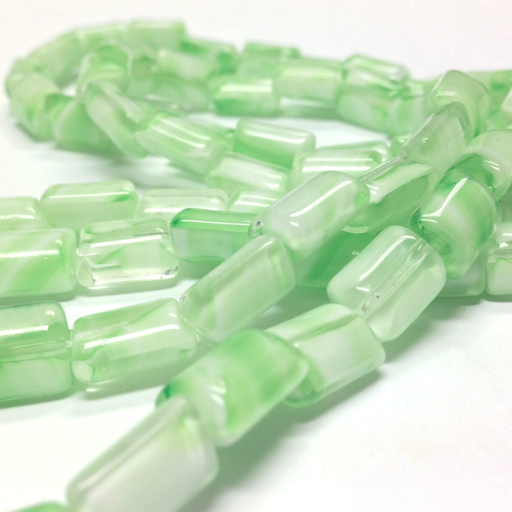 12X8MM Green/White Swirl Glass Rectangle Bead (100 pieces)
