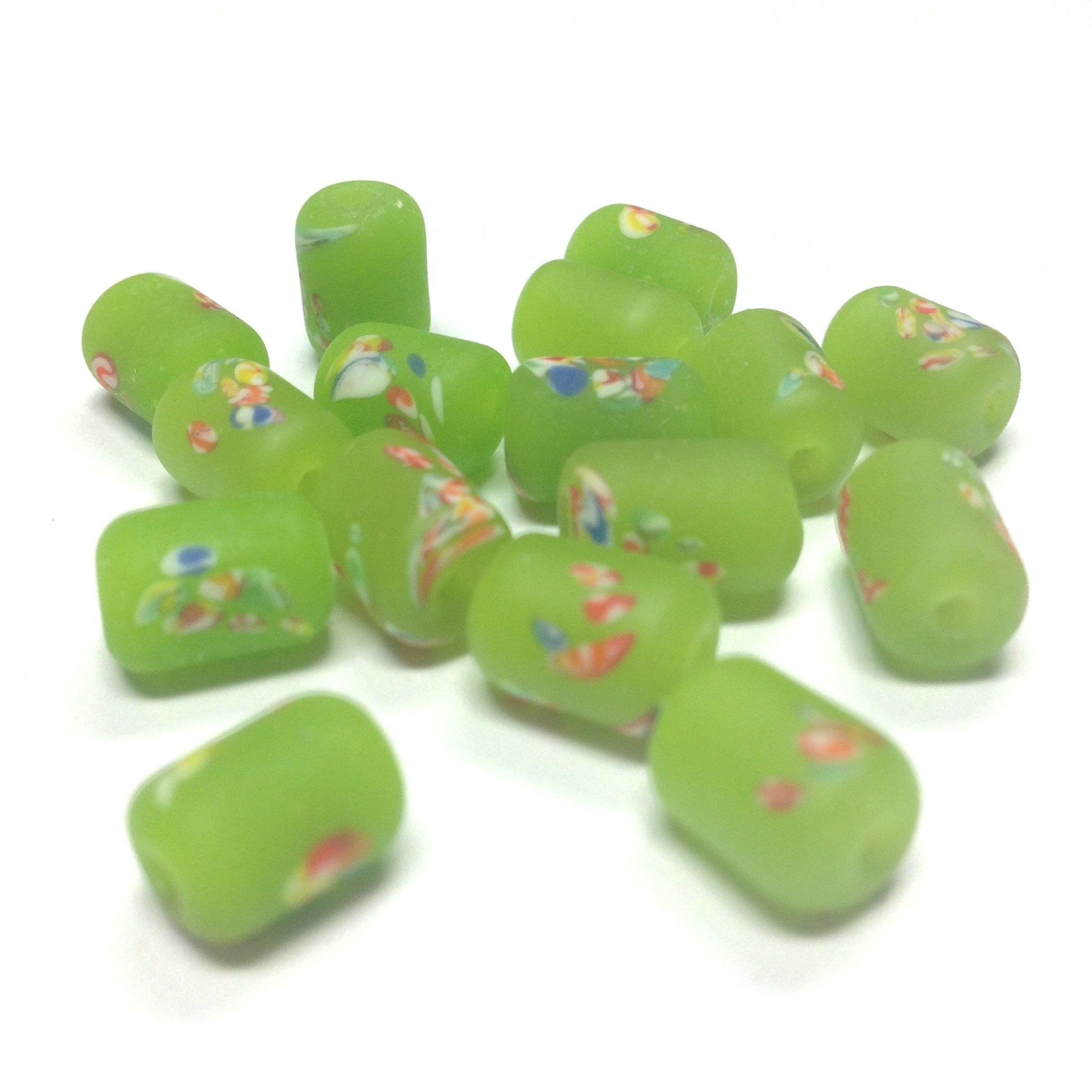9X6MM Green Mat Floral Tombo Glass Tube Bead (50 pieces)