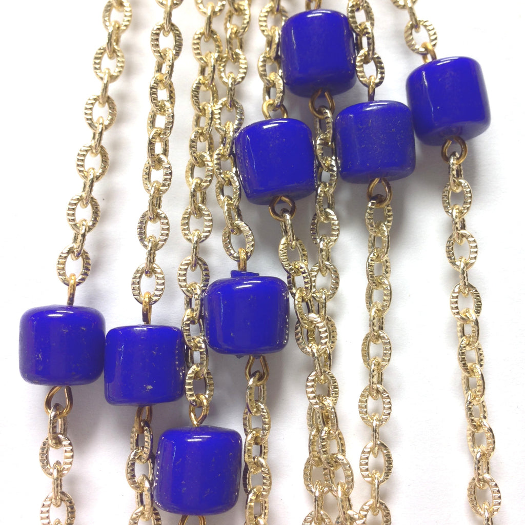 10MM Blue Glass Goldtone Beadchain (~10 Ft) (1 pieces)