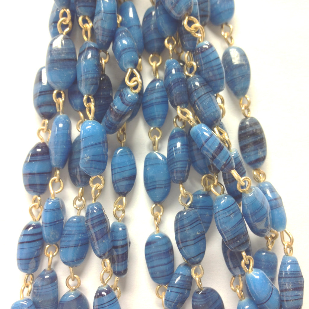 12X6MM Blue Glass Oval Goldtone Beadchain (~10 Ft) (1 pieces)