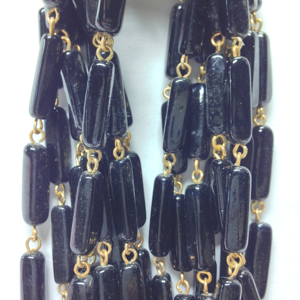 18X5MM Black Glass Tube Goldtone Beadchain (~10 Ft) (1 pieces)