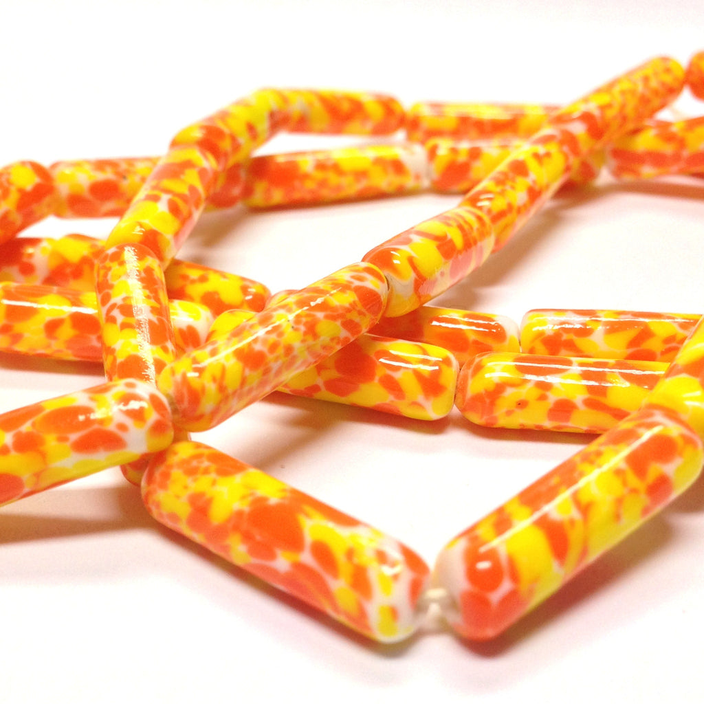 22X6MM White Glass w/Yellow And Orange Tube Bead (72 pieces)