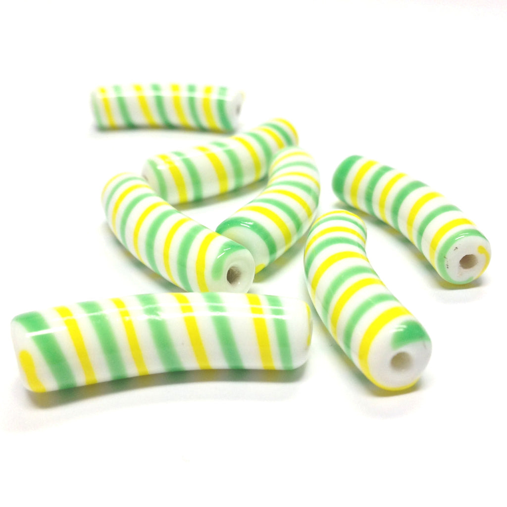 30X8MM Grn/Ylw/Wht Stripe Macaroni Bead (12 pieces)