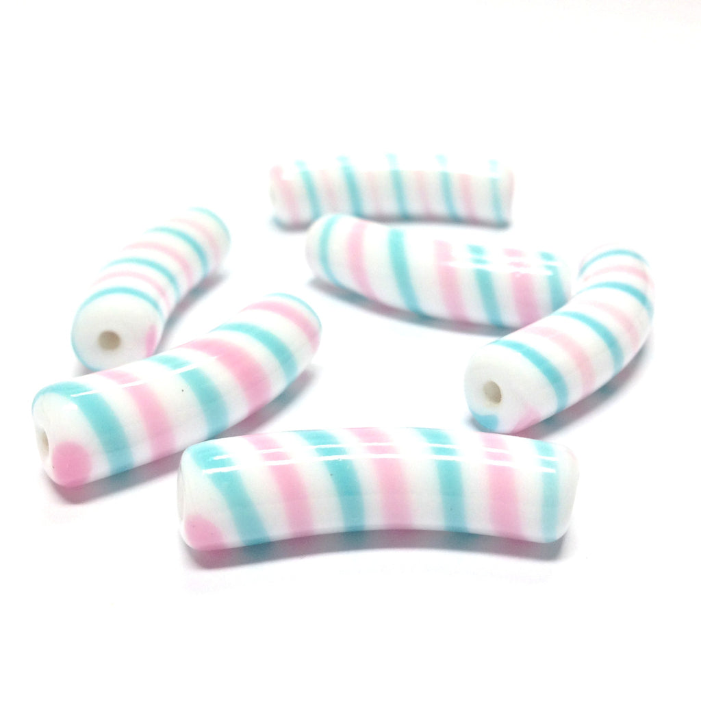 30X8MM Pnk/Wht/Aqu Stripe Macaroni Bead (12 pieces)