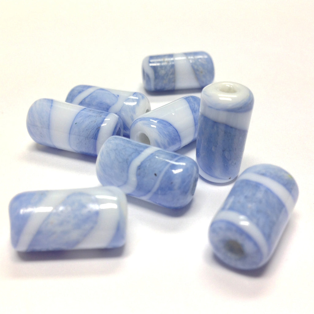 18X9MM Blue w/White Ceramic Tube Bead (18 pieces)